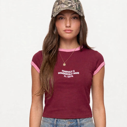 Fearfully and Wonderfully Made ringer tee on model