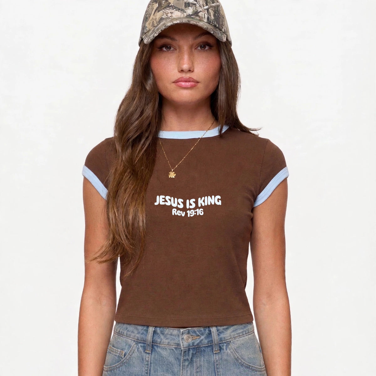 Jesus Is King ringer tee on model