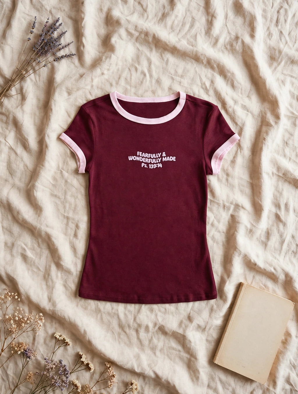Fearfully and Wonderfully Made ringer tee flat lay