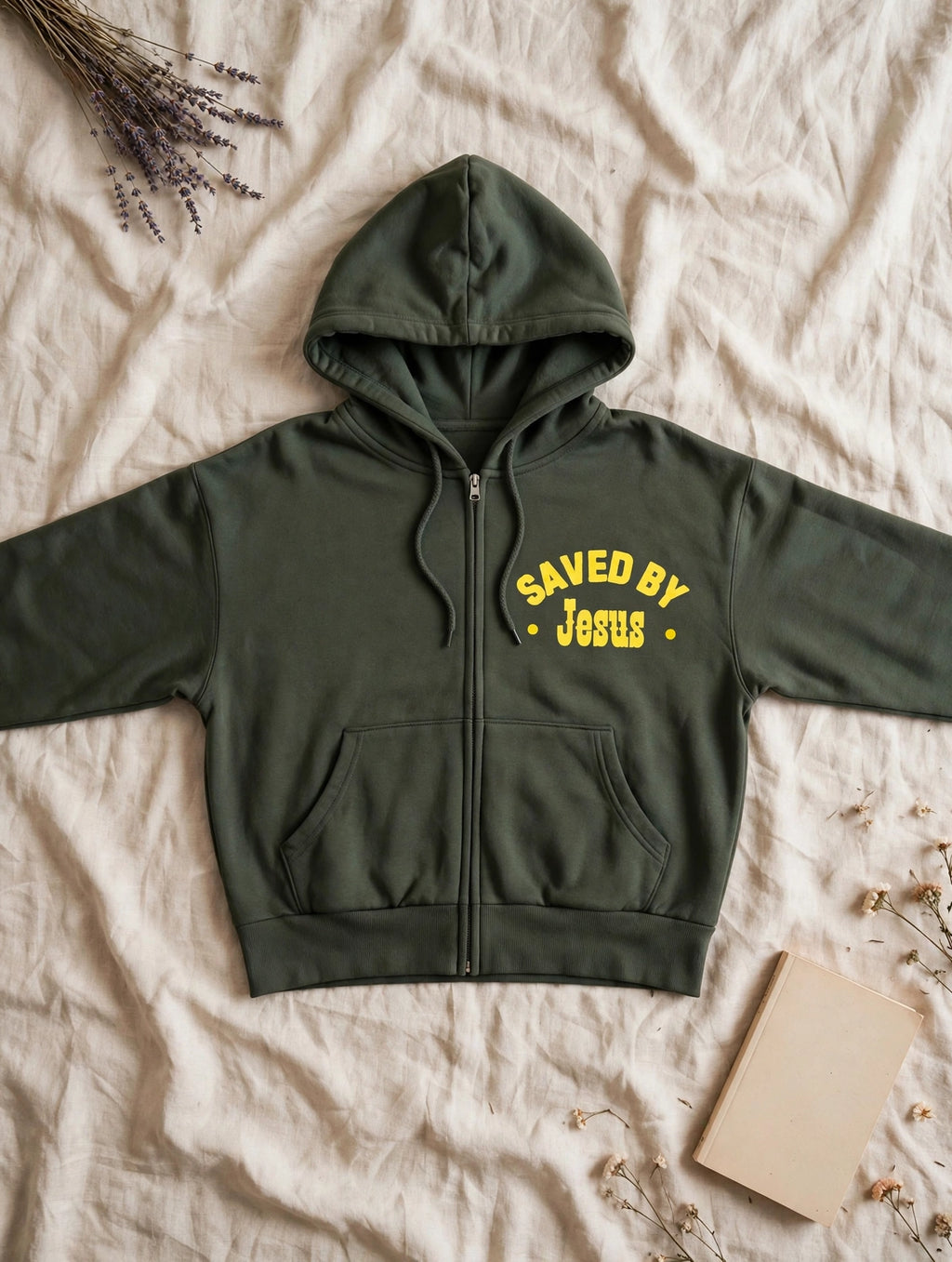 Saved by Jesus cropped zip-up hoodie flat lay